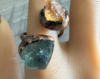 Green and Orange Fluorite wrap around Ring, Adjustable Ring