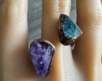 Green and Purple Fluorite wrap around Ring, Adjustable Ring