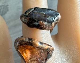 Green and Orange Fluorite wrap around Ring, Adjustable Ring