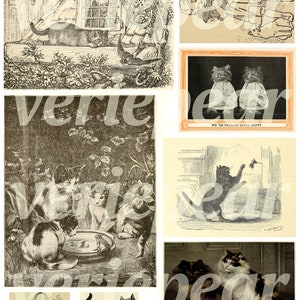 May include: A collection of vintage illustrations featuring cats in various poses. The images depict cats playing, sleeping, and interacting with each other. One image shows two cats sitting side-by-side with the text "We are feeling quite empty".