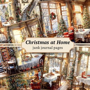 Christmas at Home ongewenste dagboekpagina's, digitale plakboekkit, afdrukbare sneeuwvakantie, vintage ephemera december, feestelijk collageblad