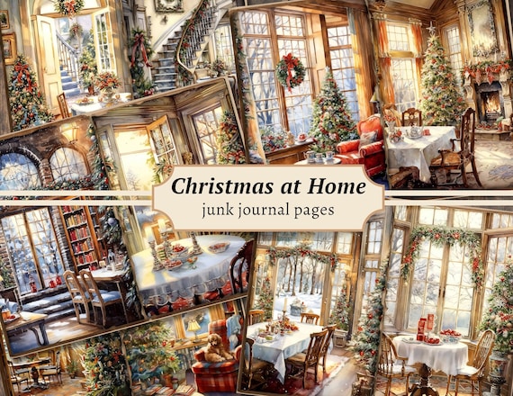 Christmas at Home Junk Journal Pages, Digital Scrapbook Paper Kit, Snow Holiday Printable, Vintage December Ephemera, Festive Collage Sheet
