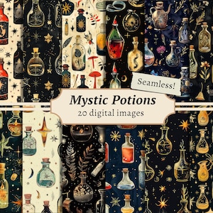 Mystic Potions Seamless Digital Papers, Alchemy Scrapbook Background Kit, Witchcraft Printable, Grimoire Patterns, Apothecary Journal Pages