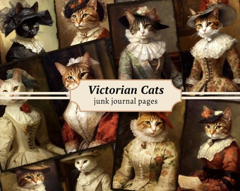 Viktorianska katt skräpjournalsidor, digitalt scrapbookpapperskit, utskrivbar gammal oljemålning, kattungekonsttryck, collageark, antik efemera