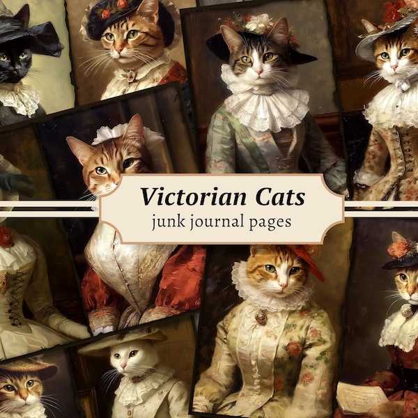 Victorian Cat Junk Journal Pages, Digital Scrapbook Paper Kit, Old Oil Painting Printable, Kitten Art Print, Collage Sheet, Antique Ephemera