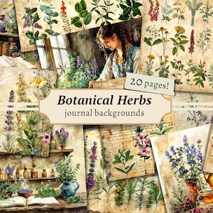 Botanische kruiden achtergronden, digitaal plakboek, afdrukbaar apotheek, tijdschriftpagina's kruidenjunk, collageblad, vintage plant efemere verschijnselen