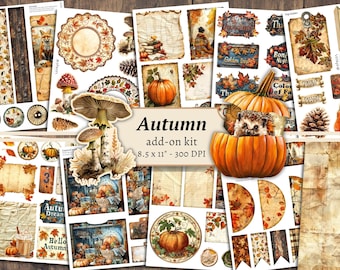 Herfst Add On Junk Journal Kit, digitaal plakboek, herfst afdrukbaar, Thanksgiving-pagina&#39;s, collagevel, vintage ephemera, pompoenkaarten