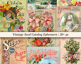 Puede incluir: Portadas de catálogos de semillas vintage con ilustraciones coloridas de flores, plantas y personas. Las portadas incluyen texto como "Cole's Garden Annual 1907", "New Floral Guide Autumn 1898", "Burpee's Farm Annual Quarter-Century Edition", "Seeds for the Garden, Farm and Field 1899", y "John Lewis Childs Floral Park Queens N.Y."