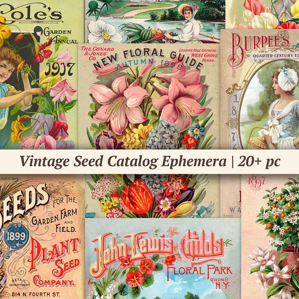 Vintage Seed Catalog Ephemera | printable junk journal paper, digital floral scrapbook kit, collage sheet, flower ATC cards, gardening pages