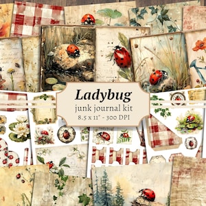Ladybug Junk Journal Kit, digitaal plakboek, afdrukbaar lieveheersbeestje, pagina's botanische insecten, collageblad bloementuin, vintage ephemera