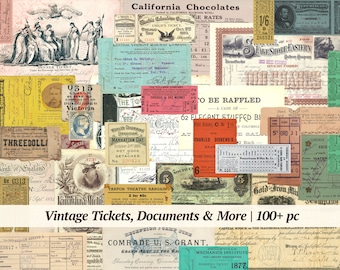 Vintage Ticket Ephemera | 100+ pc | old documents, printable stamps, antique checks, digital labels | junk journal digikit, scrapbook tags