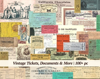 Vintage Ticket Ephemera | 100+ pc | old documents, printable stamps, antique checks, digital labels | junk journal digikit, scrapbook tags