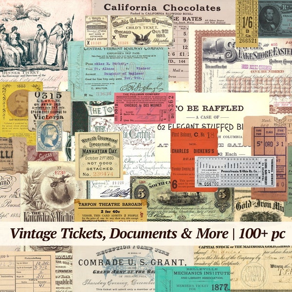 Vintage Ticket Ephemera | 100+ pc | old documents, printable stamps, antique checks, digital labels | junk journal digikit, scrapbook tags