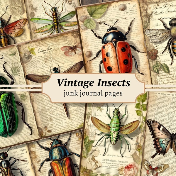 Vintage Insects Junk Journal Pages, Digital Scrapbook Paper Kit, Botanical Printable, Collage Sheet, Entomology Download, Butterfly Ephemera