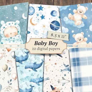 Digitale papieren babyjongen, pastelblauw plakboekkit, boho-kwekerij afdrukbaar, ongewenste dagboekpagina, babyshower kortstondig, pasgeboren kaarten maken