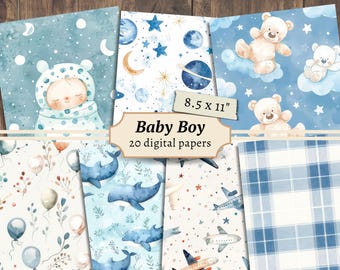 Digitale papieren babyjongen, pastelblauw plakboekkit, boho-kwekerij afdrukbaar, ongewenste dagboekpagina, babyshower kortstondig, pasgeboren kaarten maken