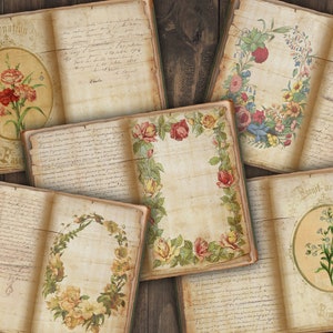 Páginas de livros digitais com moldura floral | coisas efêmeras botânicas vintage | antigas cartas manuscritas para impressão | diário de lixo de jardim de flores | papel envelhecido