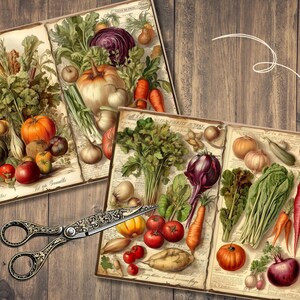 May include: Two vintage-style illustrations of various vegetables and herbs. The first illustration features a variety of vegetables, including tomatoes, onions, carrots, and peppers. The second illustration features a variety of vegetables, including carrots, onions, zucchini, and beets. Both illustrations are printed on a cream-colored background.
