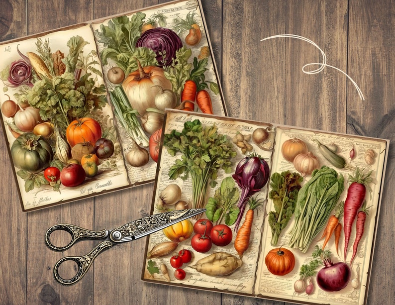May include: Two vintage-style illustrations of various vegetables and herbs. The first illustration features a variety of vegetables, including tomatoes, onions, carrots, and peppers. The second illustration features a variety of vegetables, including carrots, onions, zucchini, and beets. Both illustrations are printed on a cream-colored background.