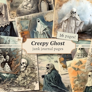 Creepy Ghost Junk Journal Pages, Digital Halloween Scrapbook Kit, Spooky Printable, Vintage Collage Sheet, Decorative Paper, BOS Background