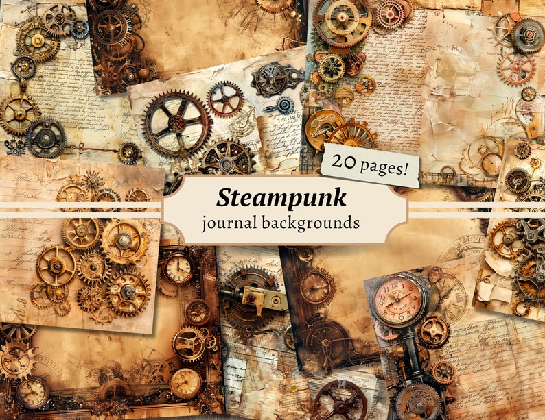 Pu&ograve; includere: 20 pagine di sfondi digitali in carta con un tema steampunk con ingranaggi, meccanismi di orologeria e trame vintage.