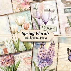 Spring Florals ongewenste dagboekpagina's, digitaal bloemplakboek, tuinpapierset, afdrukbare tulpen, vintage ephemera, botanisch collageblad