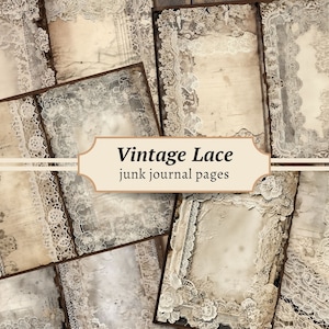 May include: Vintage lace patterned paper pages for junk journaling. The pages are beige with a white lace overlay. The text "Vintage Lace junk journal pages" is on the image.