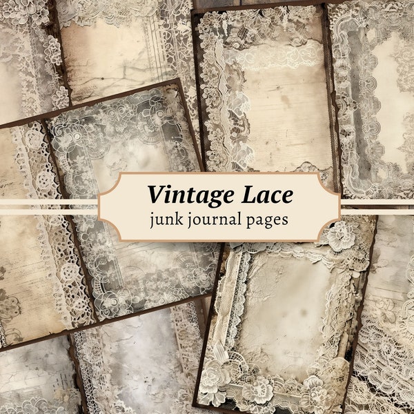 Vintage Lace Junk Journal Pages, Digital Grunge Scrapbook Paper, Printable Collage Sheet, Antique Distressed Paper, White Lace Ephemera