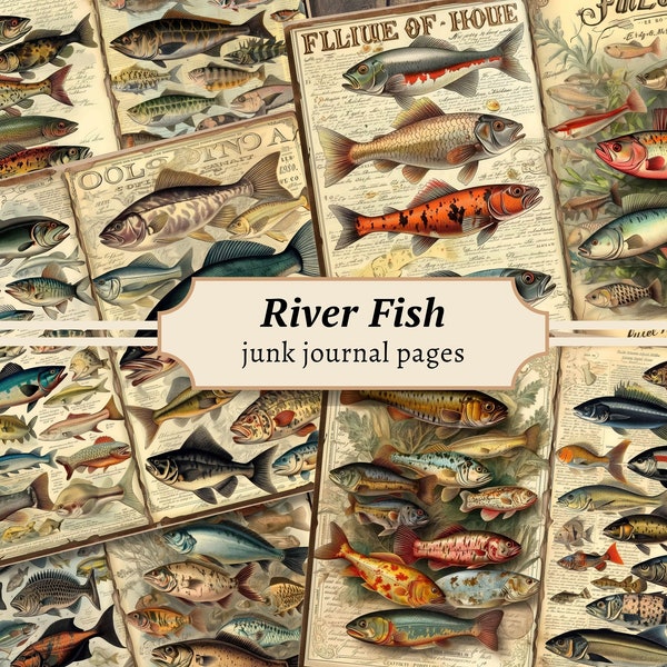 River Fish Junk Journal Pages, Digital Scrapbook Paper Kit, Marine Printable, Sea Creature Collage Sheet, Vintage Nautical Ocean Download