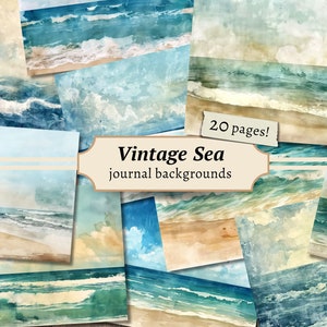 Sfondi marini vintage, pagine di diario spazzatura, kit di carta per album digitali, stampabile sulla spiaggia, foglio di collage estivo, download di oceano nautico