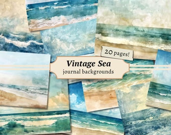 Vintage zee-achtergronden, ongewenste dagboekpagina's, digitale plakboekkit, afdrukbaar strand, zomercollageblad, nautische oceaan downloaden