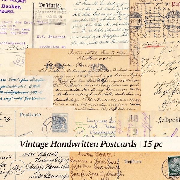 Vintage Handwritten Postcards Digikit | 15 printable letters | digital ephemera | collage sheet | junk journal supply | old journaling cards