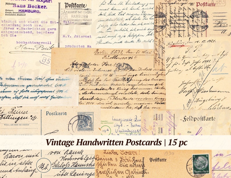 May include: A collection of 15 vintage postcards with handwritten messages in German. The postcards are in various shades of yellowed cream and feature stamps, postmarks, and handwritten addresses. The text on the postcards is in cursive script and includes greetings, personal messages, and dates.