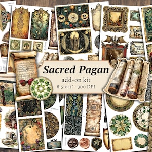 Sacred Pagan Add On Junk Journal Kit, digitaal plakboek, afdrukbare groene heks, mystieke grimoirepagina's, collagevel, vintage ephemera