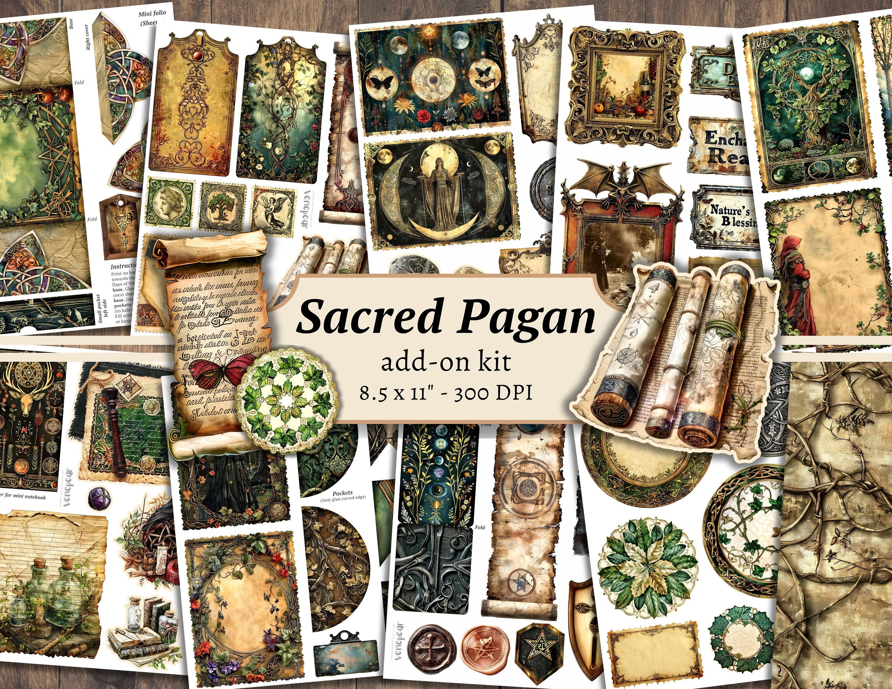 Sacred Pagan Add On Junk Journal Kit, digitaal plakboek, afdrukbare groene heks, mystieke grimoirepagina's, collagevel, vintage ephemera