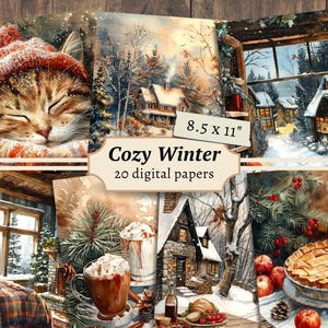 Gezellige winterjunk-dagboekpagina's, digitale plakboekkit, afdrukbare sneeuw, cottage-collageblad, vintage ephemera, kerstdownload