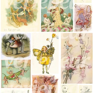 Puede incluir: Un collage vintage de ilustraciones de hadas con hadas volando, sentadas en hongos y jugando en un jard&iacute;n. Las ilustraciones son de estilo caprichoso con detalles delicados y colores suaves.