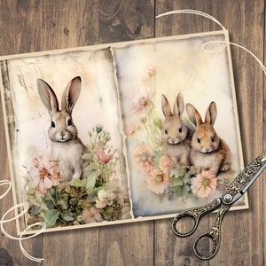 May include: Two vintage-style illustrations of rabbits in a floral setting. The first image features a single rabbit with pink flowers. The second image features two rabbits with pink and white flowers.