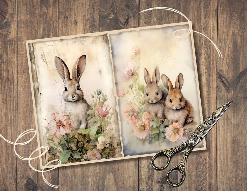 May include: Two vintage-style illustrations of rabbits in a floral setting. The first image features a single rabbit with pink flowers. The second image features two rabbits with pink and white flowers.