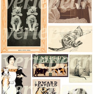 May include: A collage of vintage illustrations featuring cats. The images include a pair of cats wearing bow ties, a cat sleeping in a bed, a cat looking at another cat, a woman holding two cats, a cat sitting on a book, and a cat curled up sleeping.