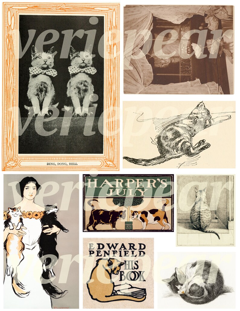 May include: A collage of vintage illustrations featuring cats. The images include a pair of cats wearing bow ties, a cat sleeping in a bed, a cat looking at another cat, a woman holding two cats, a cat sitting on a book, and a cat curled up sleeping.
