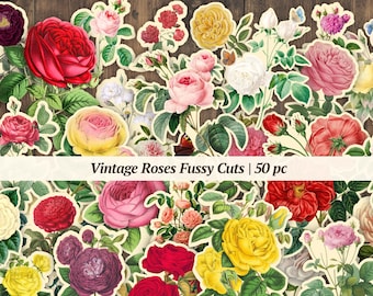 Fussy Cut Vintage Roses | 50 pc | printable roses, digital junk journal paper, floral collage sheet, botanical scrapbook, flower ephemera