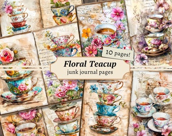 Floral Teacup Junk Journal Pages, Digital Scrapbook Paper Kit, Flower Printable, Tea Collage Sheet, Antique Roses Download, Vintage Ephemera