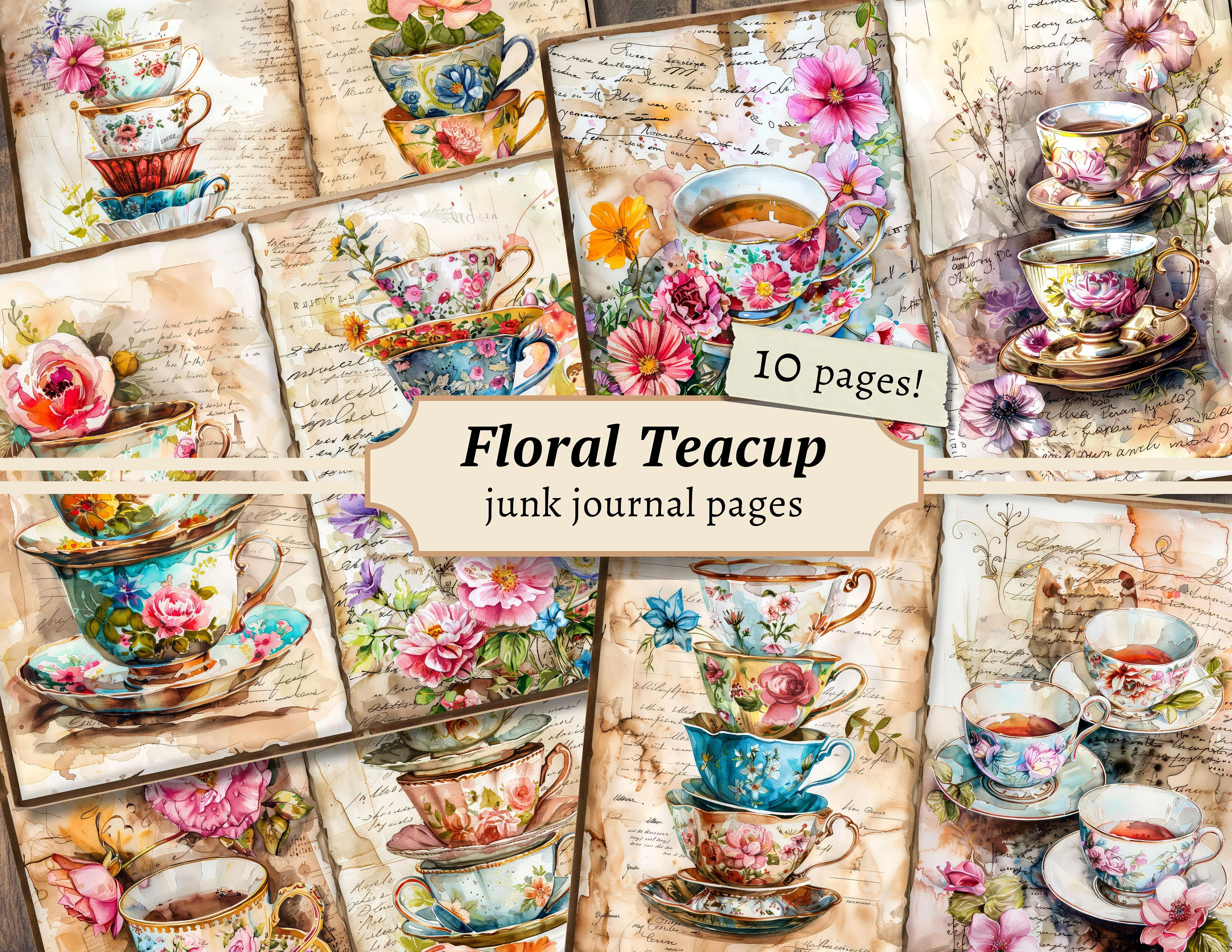 Floral Teacup Junk Journal Pages, Digital Scrapbook Paper Kit, Flower ...
