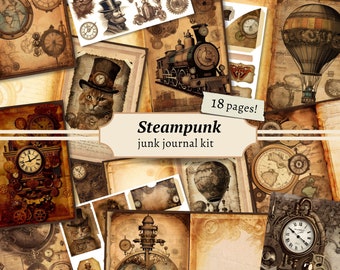 Steampunk Junk Journal Kit, druckbares Vintage Scrapbook Papier, Digital Grunge Collage Sheet, industrielle Ephemera, ATC Tags Briefmarken, Bastelset