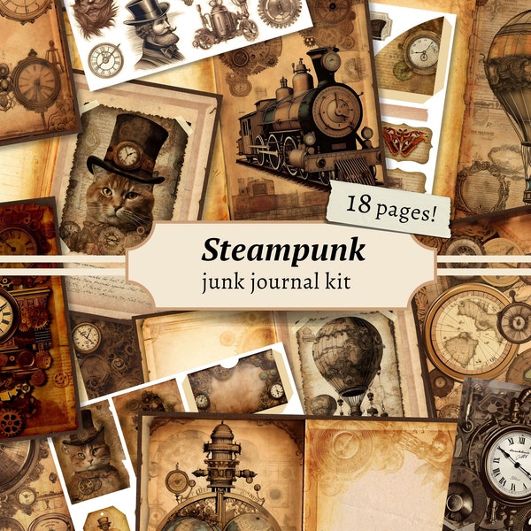 Steampunk Junk Journal Kit, Printable Vintage Scrapbook Paper, Digital Grunge Collage Sheet, Industrial Ephemera, ATC Tags Stamps, Craft Kit