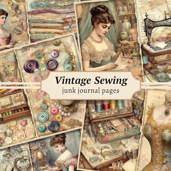 Vintage Sewing Junk Journal Pages, Digital Scrapbook Paper Kit, Victorian Printable, Lace Collage Sheet, Sewing Machine Ephemera, Seamstress