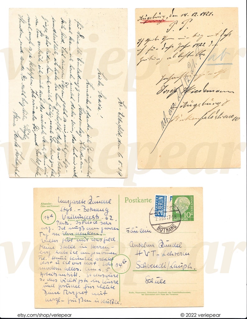 May include: A vintage postcard with handwritten text in German. The postcard is addressed to Anselma Rudel, HVT-Lehrerin, Schweudi/Lauph. The postcard has a 10 pfennig stamp from 1927.