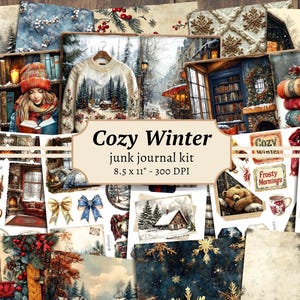 Gezellige Winter Junk Journal Kit, digitaal plakboekpapier, afdrukbare sneeuw, Winter Wonderland-pagina's, collagevel, vintage ephemera, kaarten Tags