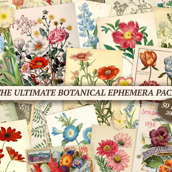 Vintage Botanical Junk Journal Ephemera Pack | 50 pages, printable collage sheet, digital floral scrapbook kit, antique flowers, plant cards